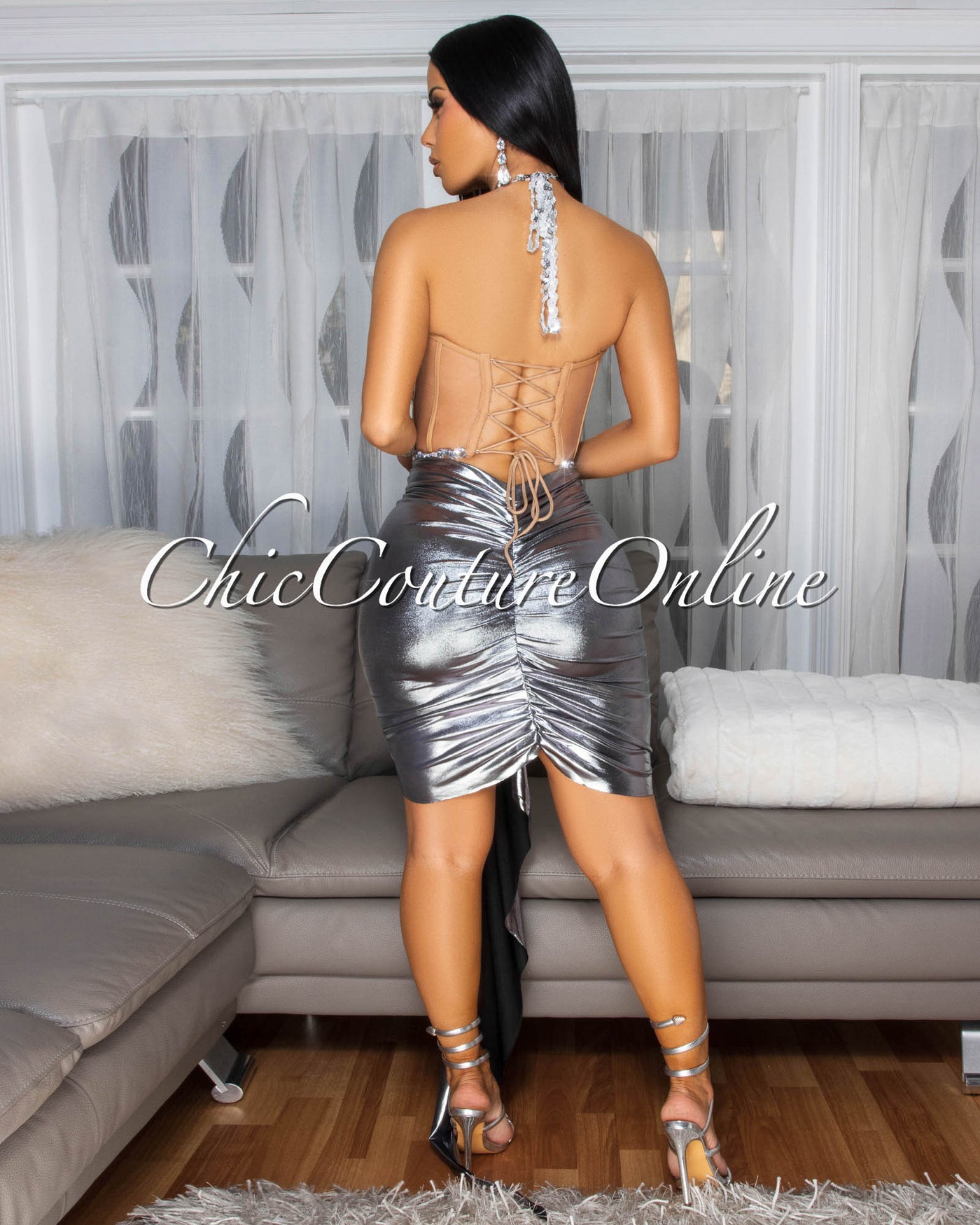 Kaeli Silver Rhinestones Bustier & Draped Skirt Set