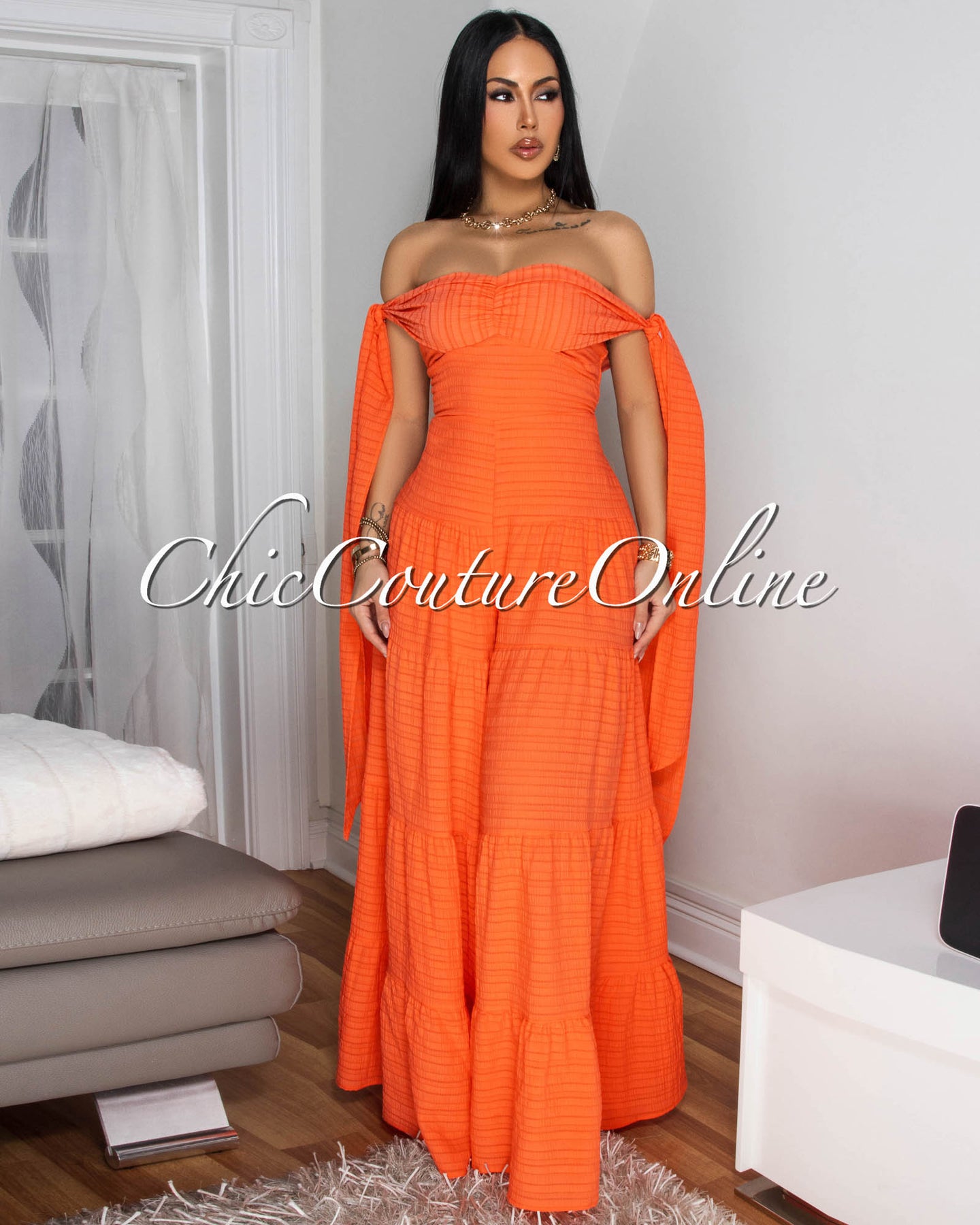 Noelly Tangerine Strapless Wide Legs Jumpsuit