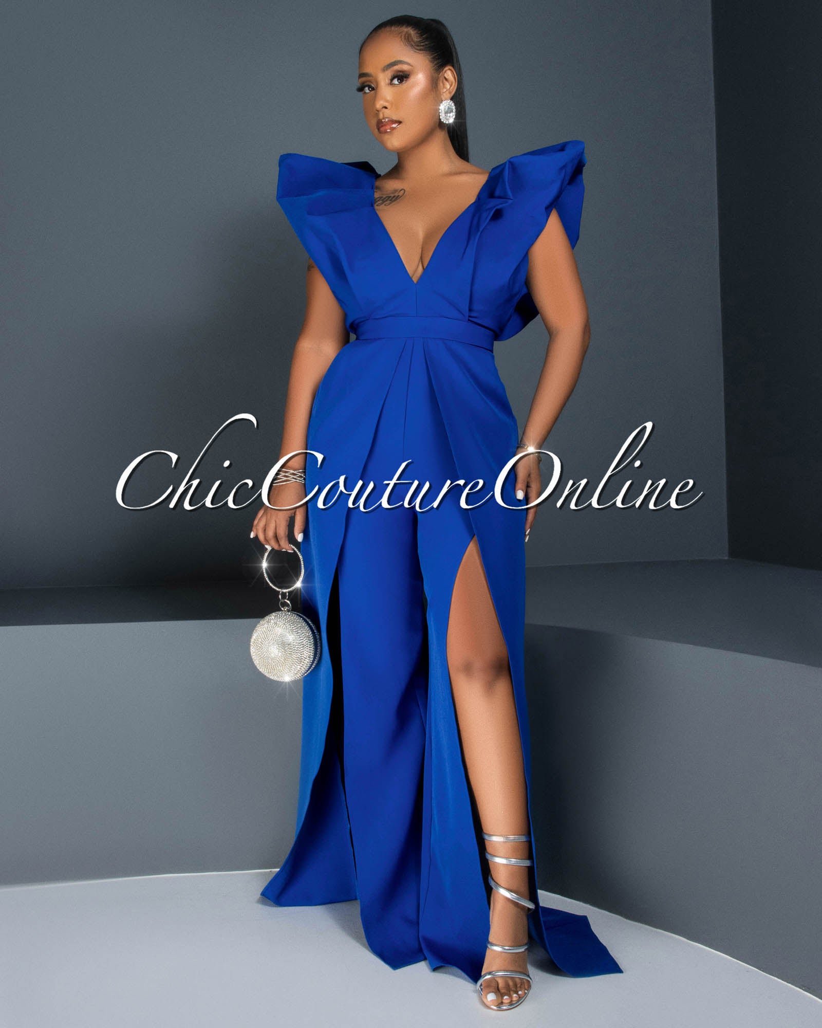 Vivien Royal Blue Statement Bubble Sleeves Jumpsuit