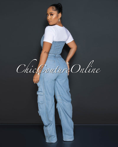 Antoine Light Denim Strapless Cargo Jumpsuit