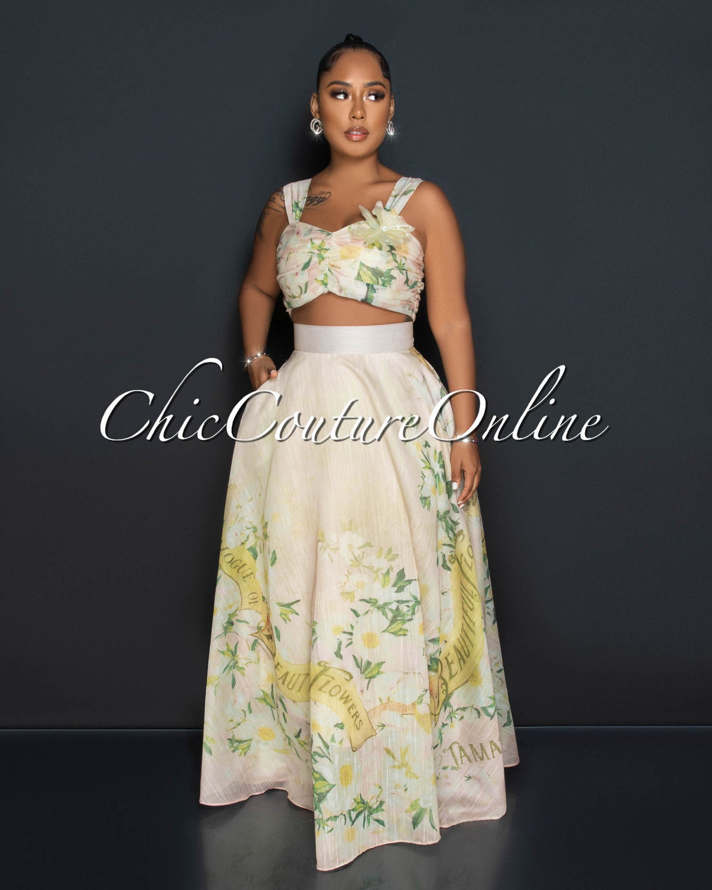 Lonnie Beige Floral Print Crop Top & Maxi Skirt Set