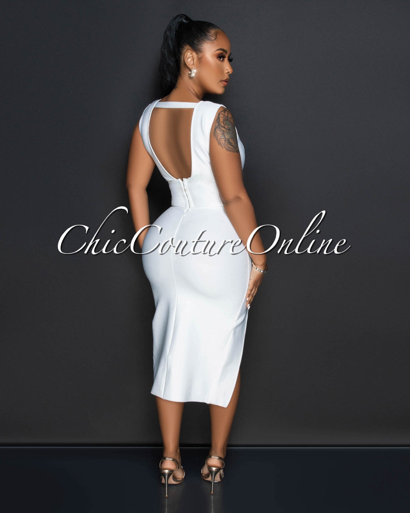 Carlotta Off-White Gold Bust Accent Bandage Midi Dress