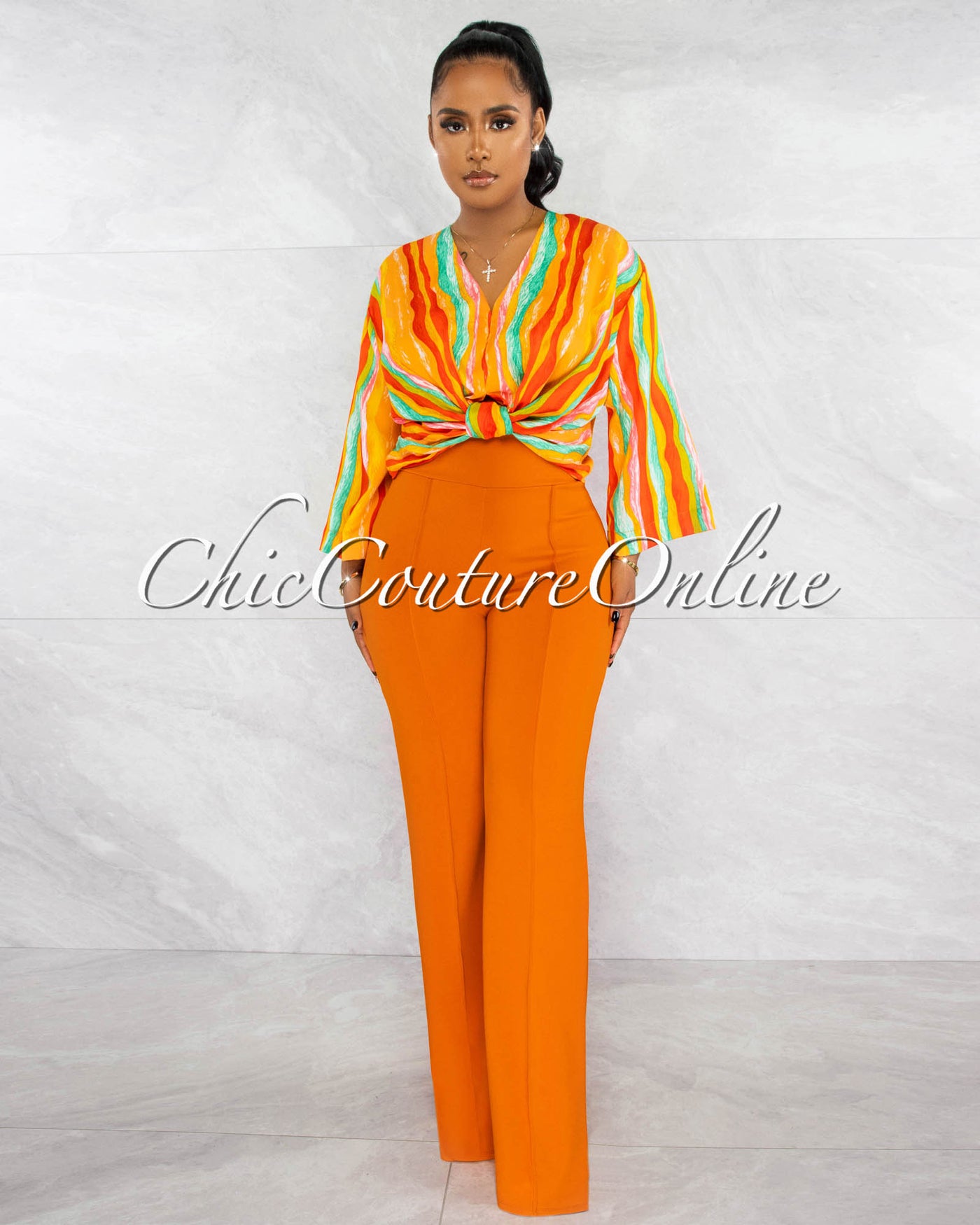 Darizza Orange Multi-Color Print Front Knot Crop Blouse