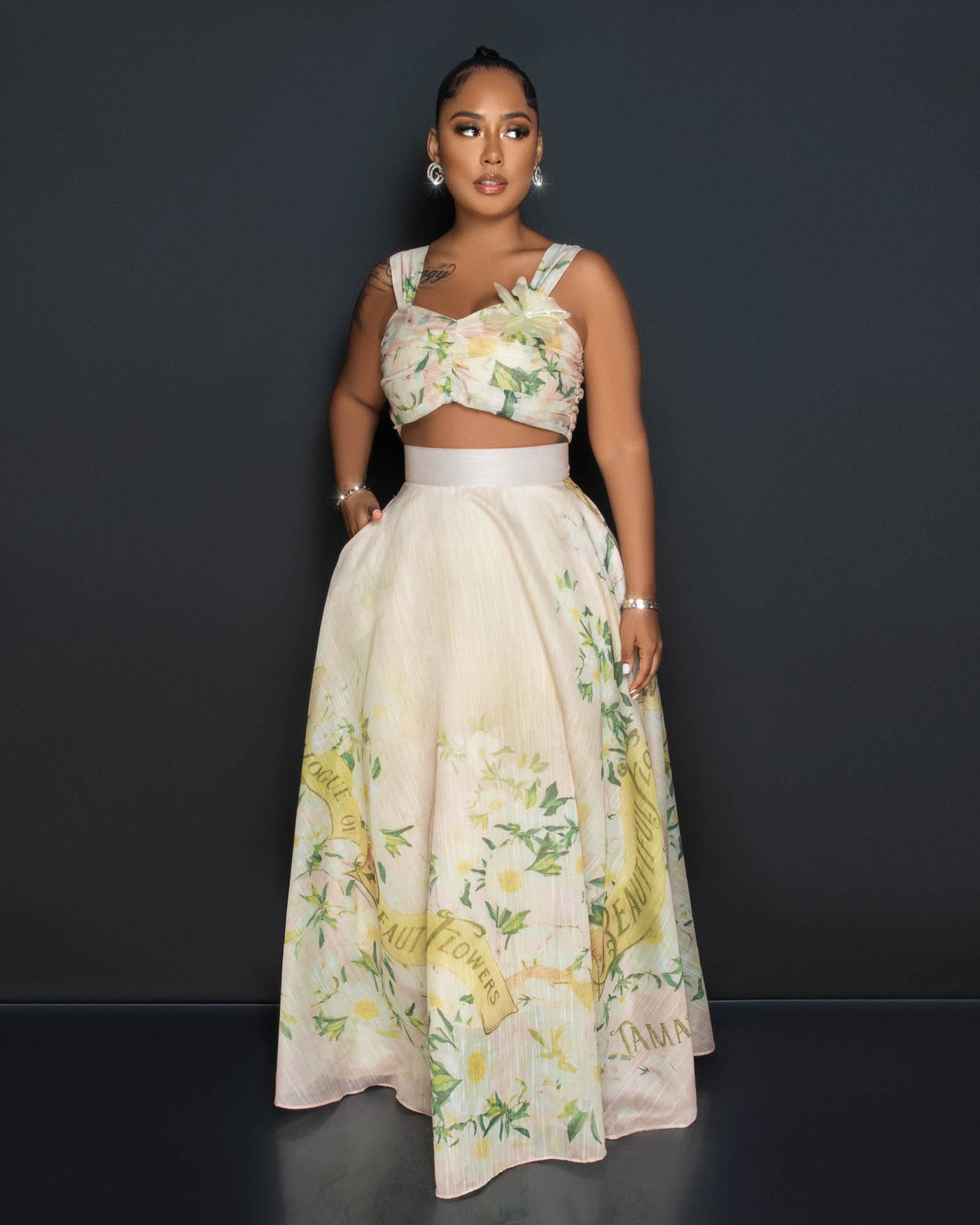 *Lonnieh Beige Floral Print Crop Top & Maxi Skirt Set