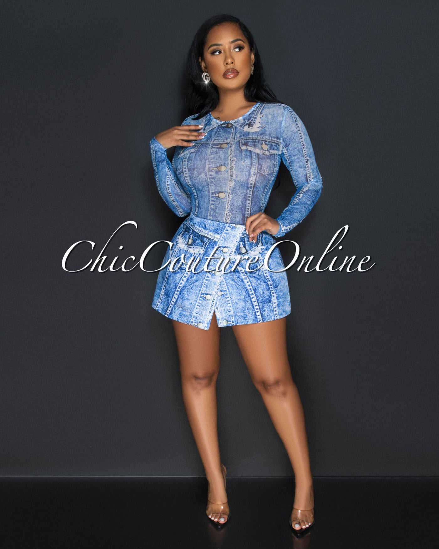 Elida Blue Denim Print Bodysuit & Skort Set