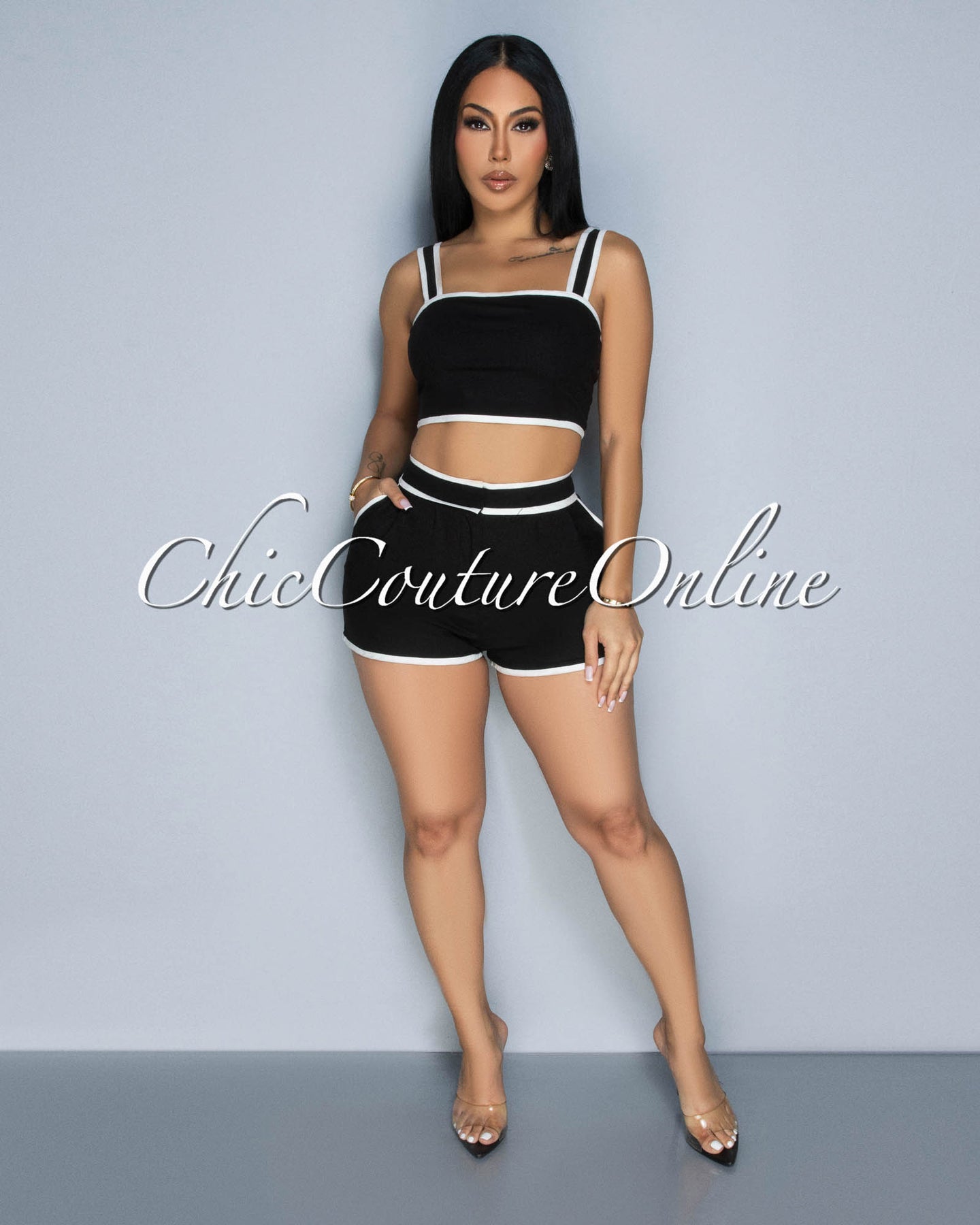 Lexley Black White Crop Top & Shorts Set