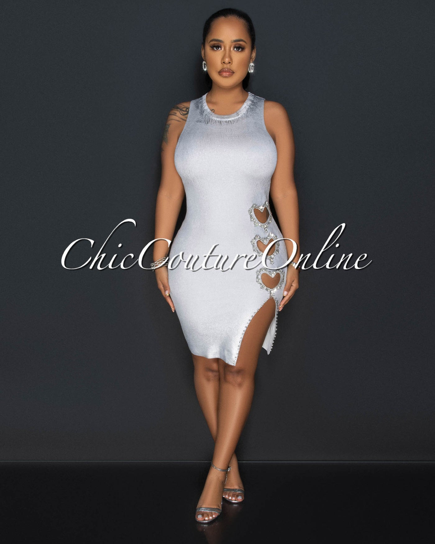 Hassana Silver Shimmer Rhinestones Hearts Mini Dress