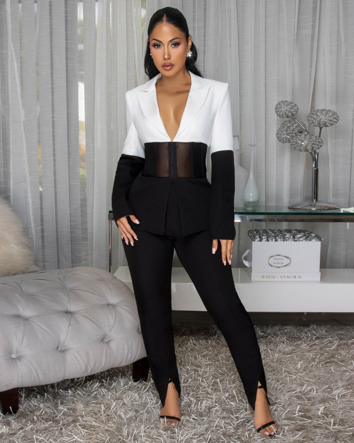 Tasha White Black Color-Block Jacket & Pants Set