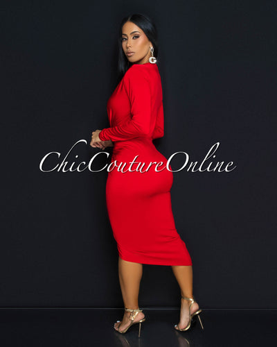 Milady Red Ruched Design Midi Dress