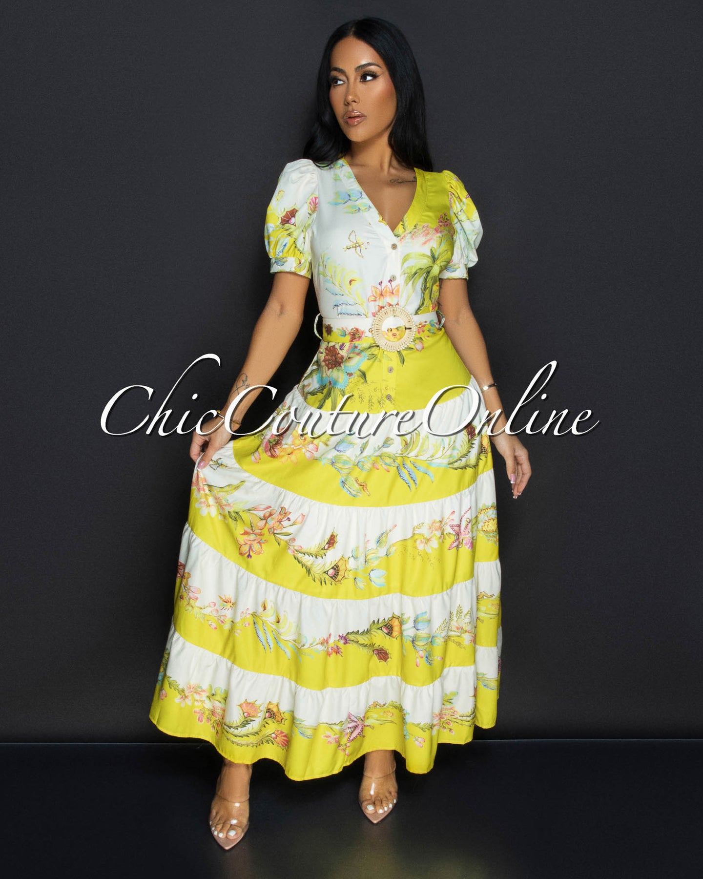 Pipola Lime Multi Floral Belted Ruffle Midi Dress