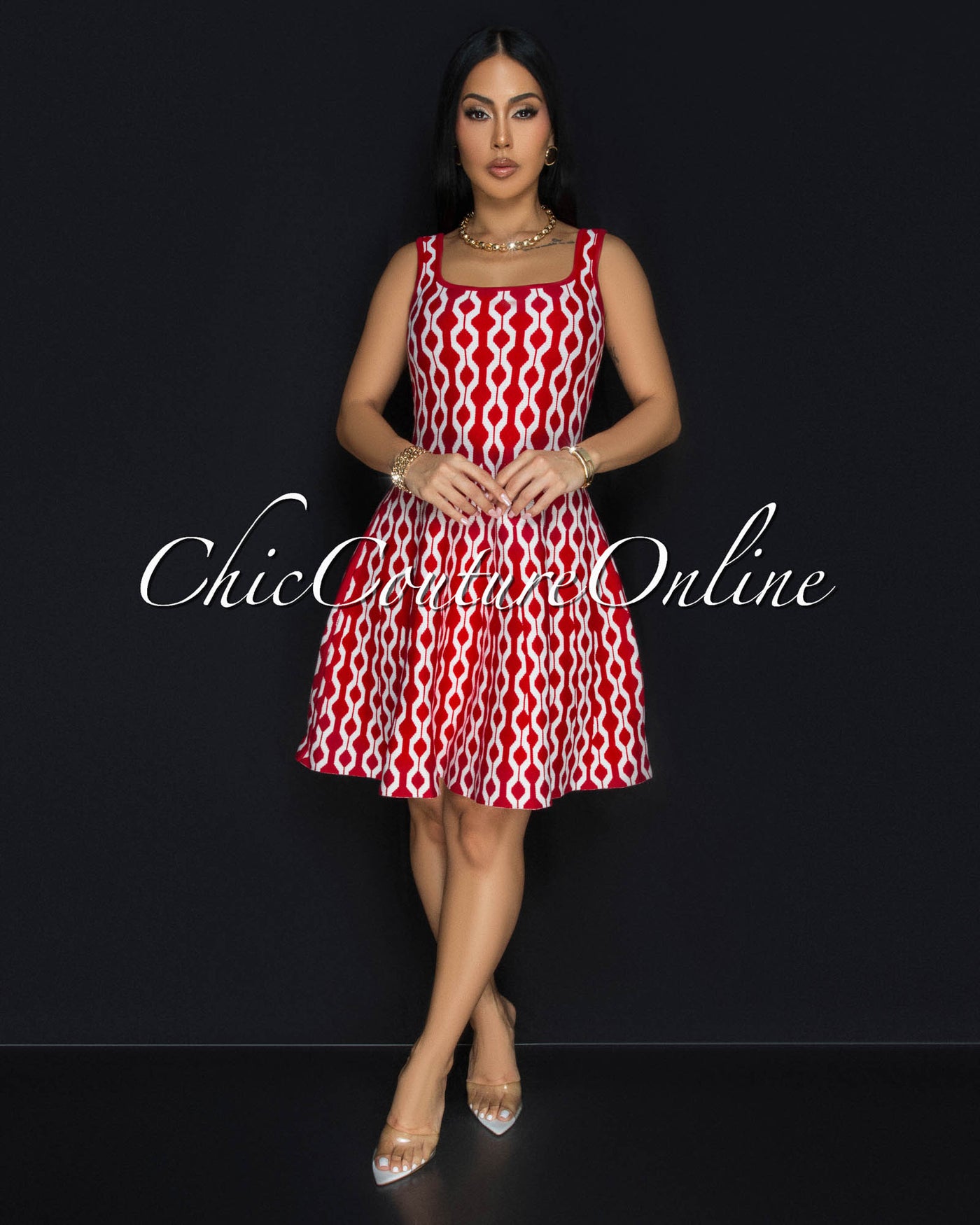 Cania Red White Print Knit Skater Dress