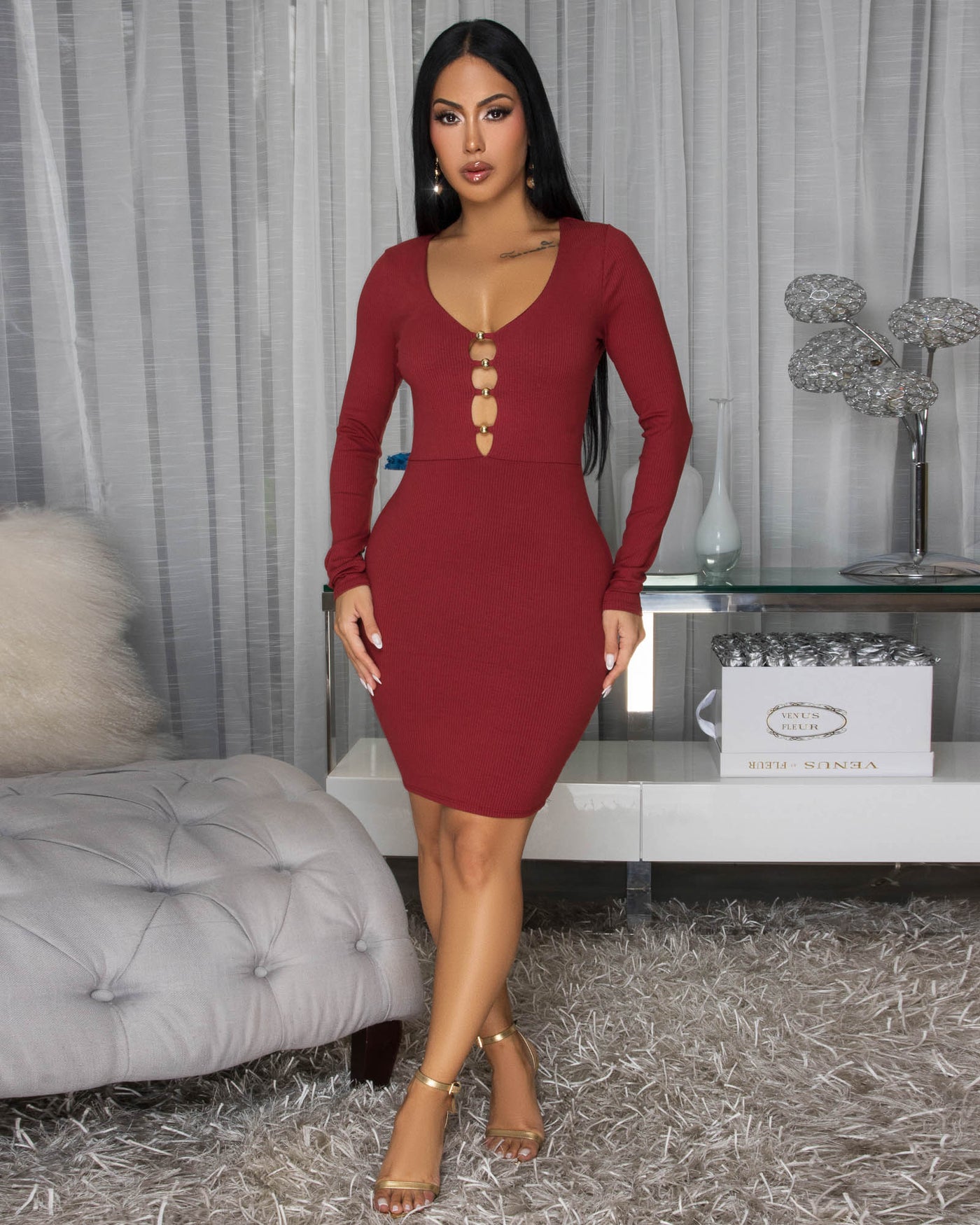 Nottola Cranberry Body-Con Long Sleeves Dress