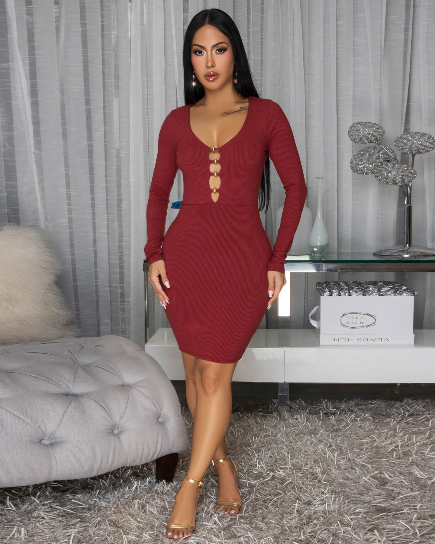 Nottola Cranberry Body-Con Long Sleeves Dress