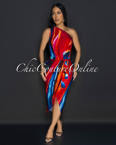 Mellie Red Blue Single Shoulder Front Slit Midi Dress