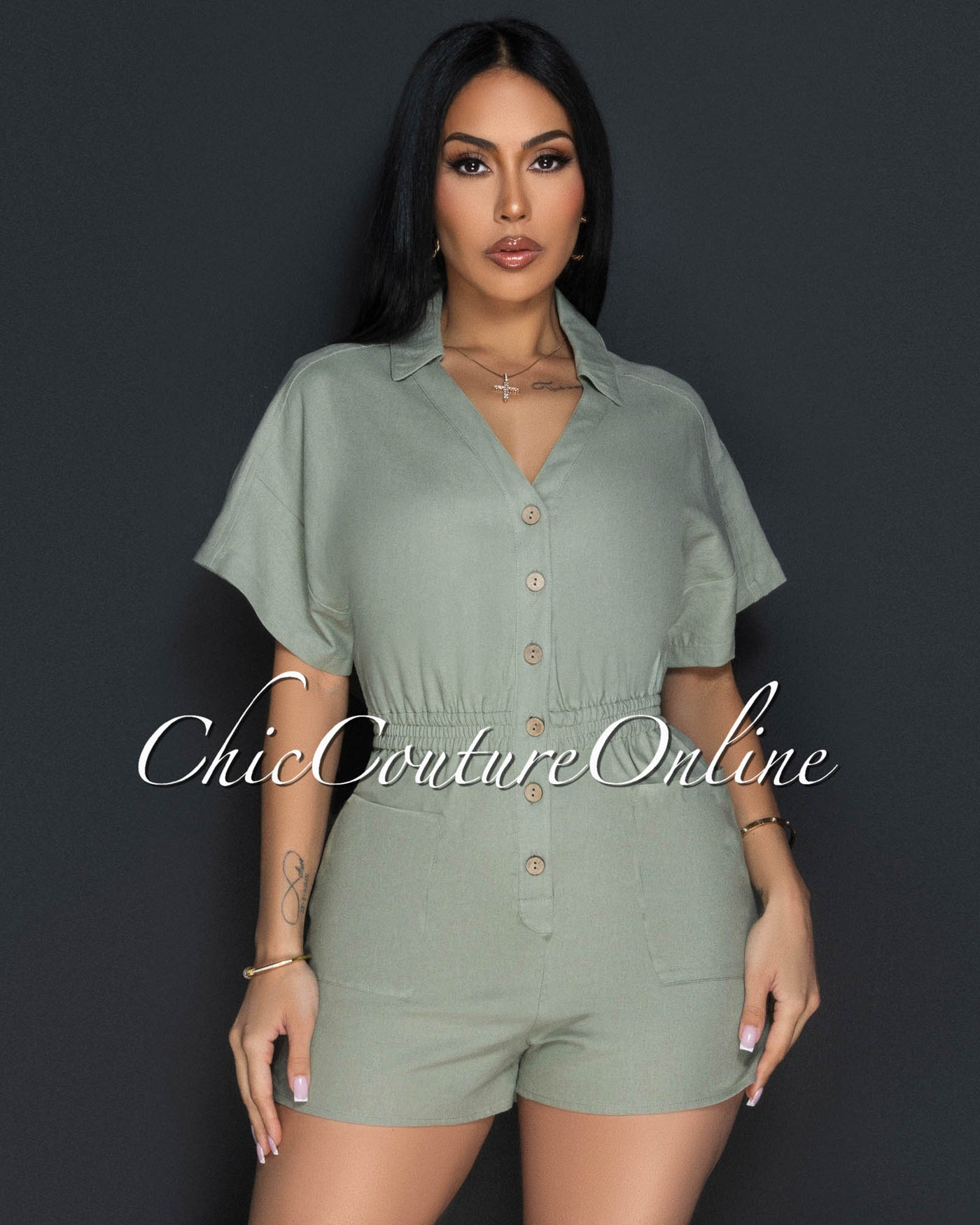 Cora Sage Green Front Buttons Linen Utility Romper
