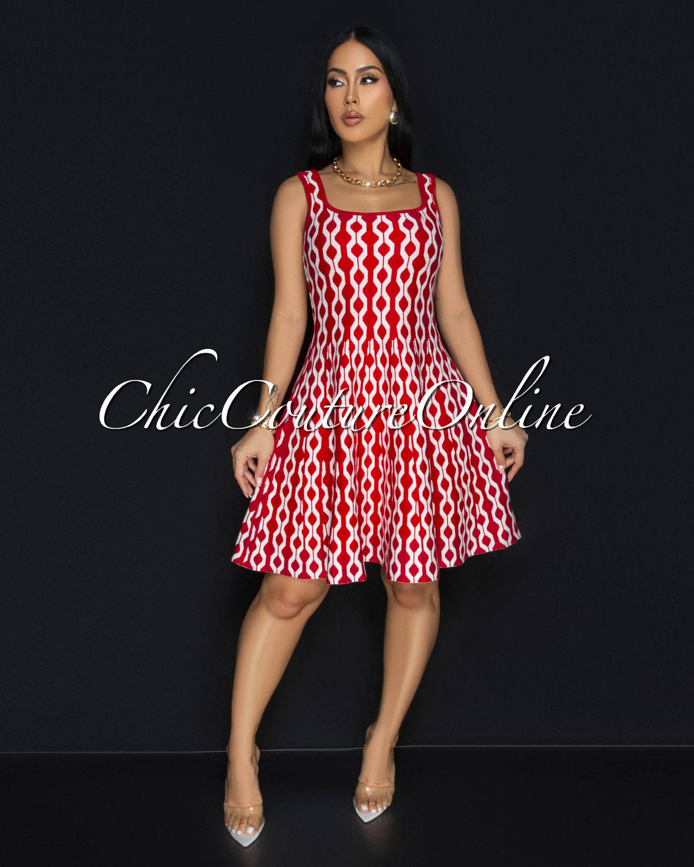 Cania Red White Print Knit Skater Dress