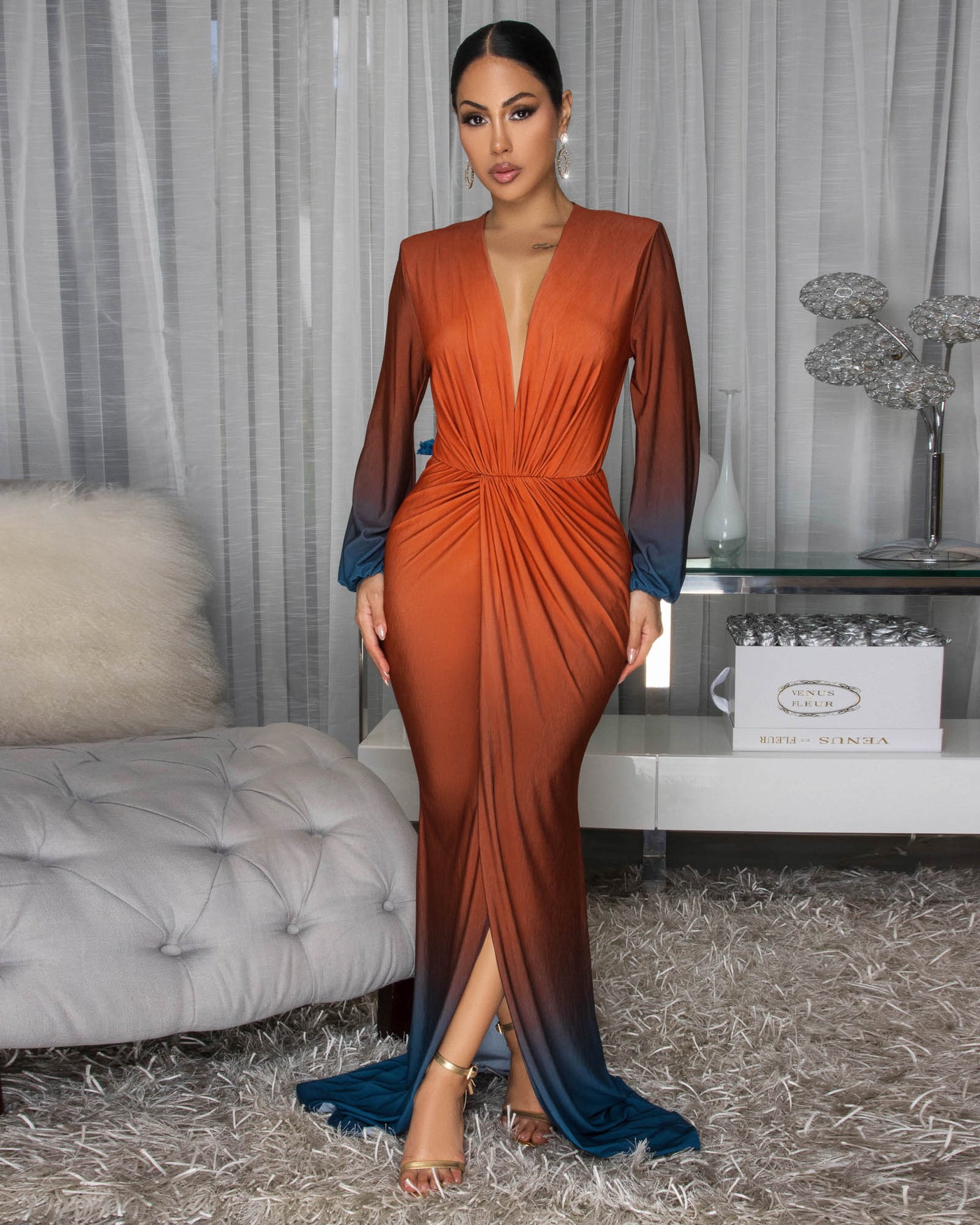Madeline Auburn Blue Ombre Deep V-Neck Maxi Dress