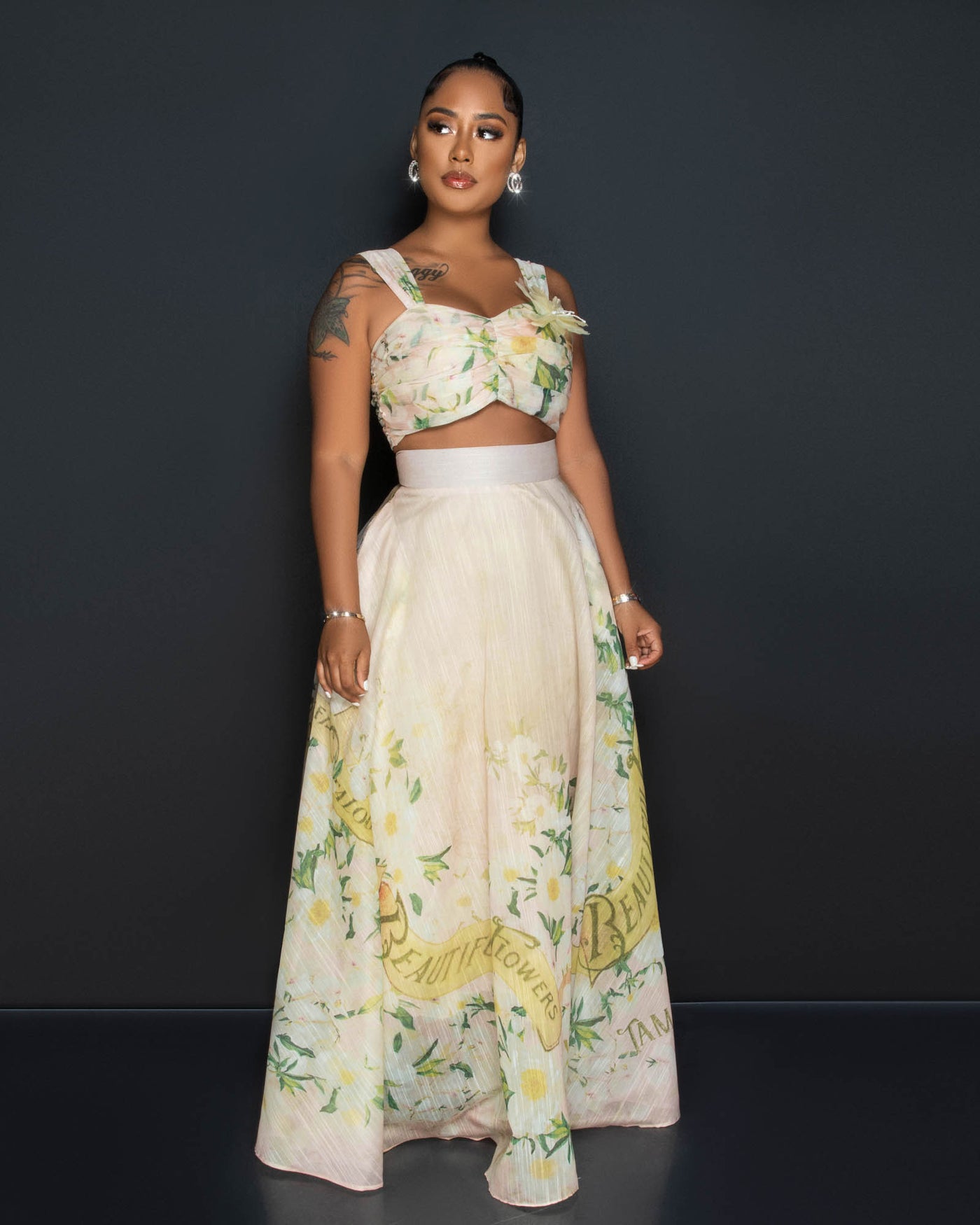 *Lonnieh Beige Floral Print Crop Top & Maxi Skirt Set