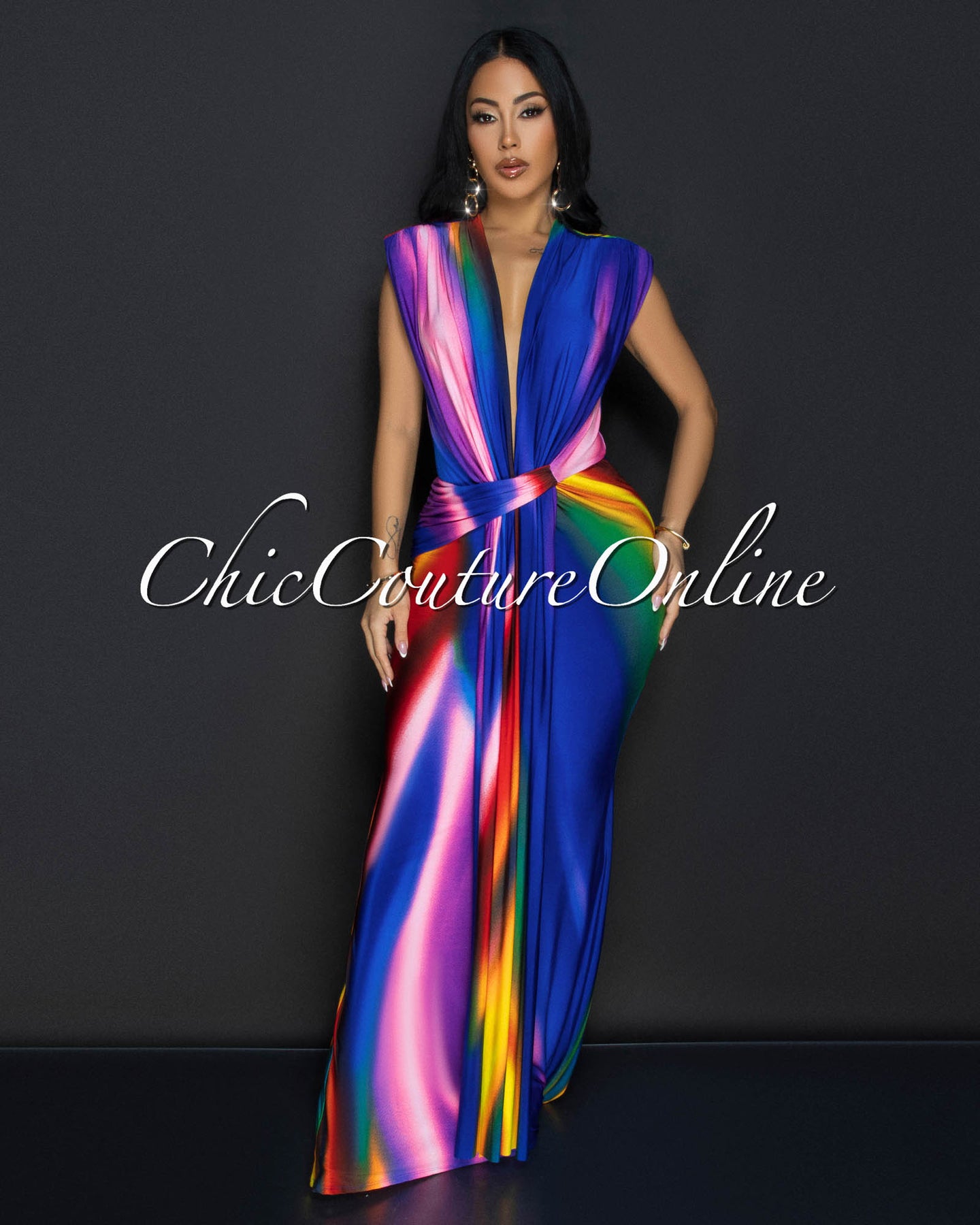 Alea Blue Multi-Color Sleeveless Deep V Neck Maxi Dress