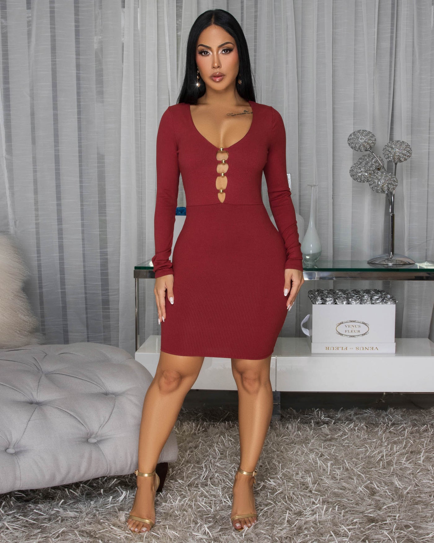 Nottola Cranberry Body-Con Long Sleeves Dress Nottola Cranberry Body-Con Long Sleeves Dress