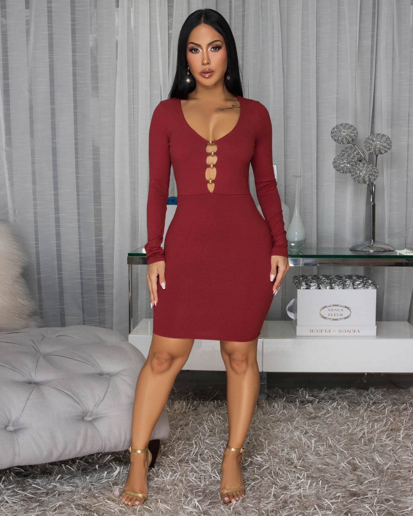 Nottola Cranberry Body-Con Long Sleeves Dress