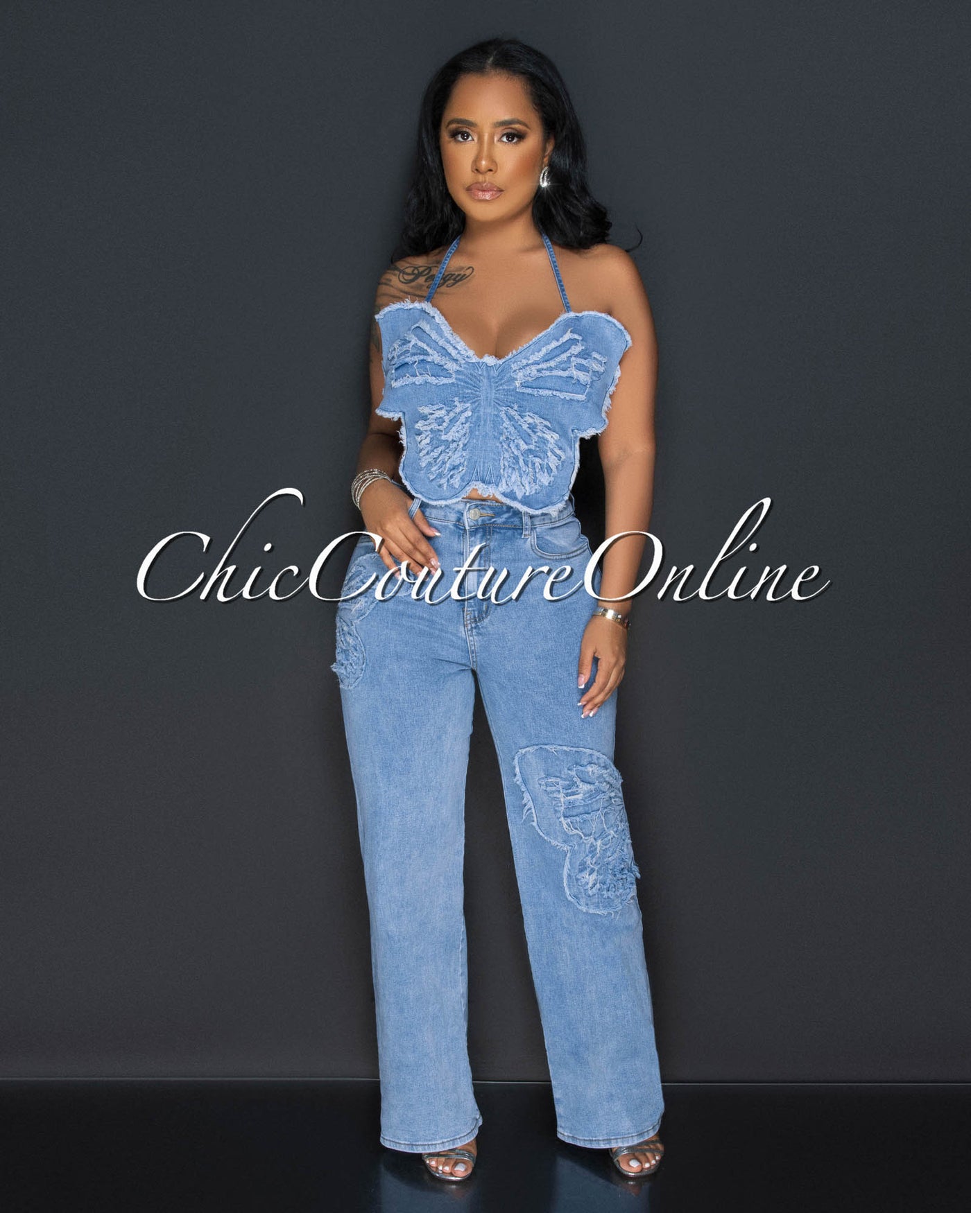 Nisha Butterfly Open Back Top & Wide Jeans Set