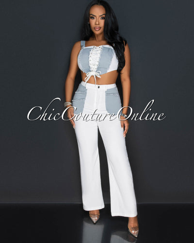 Texas Grey White Lace-Up Top & Wide Jeans Set