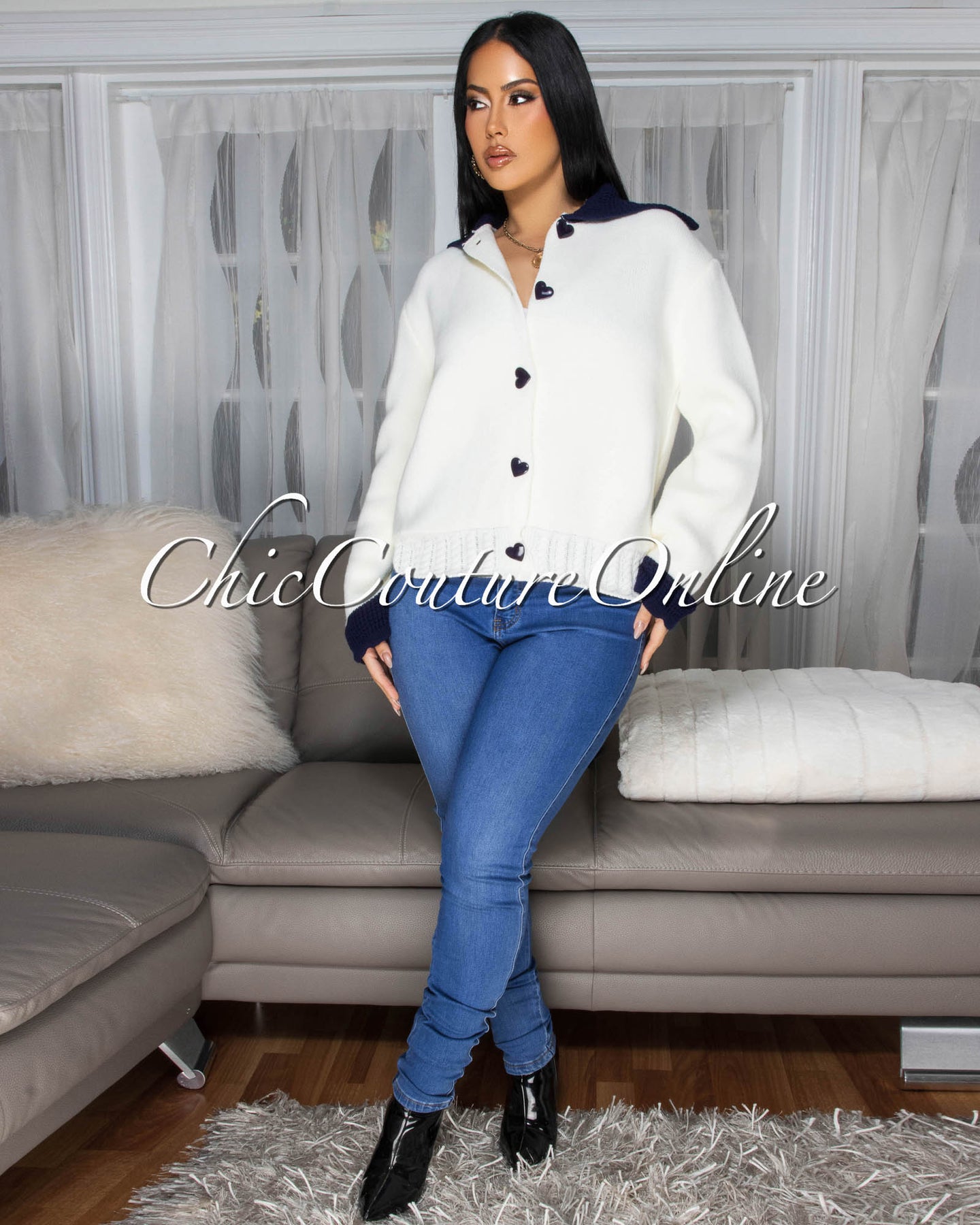 Hallie Cream Blue Trim Sweater Cardigan