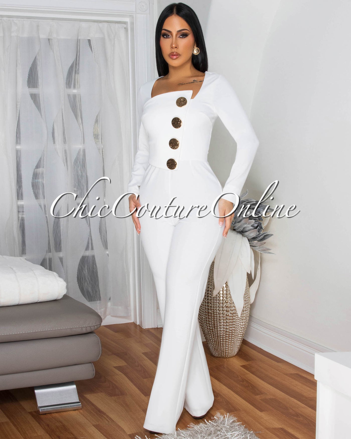 Ednella Off-White Gold Accent Button Long Sleeves Jumpsuit