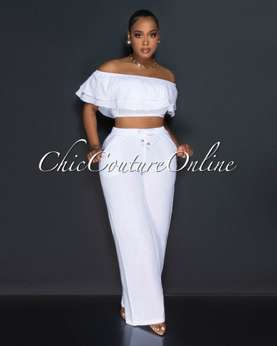 Yuri White Ruffle Crop Top & Wide Pants Set