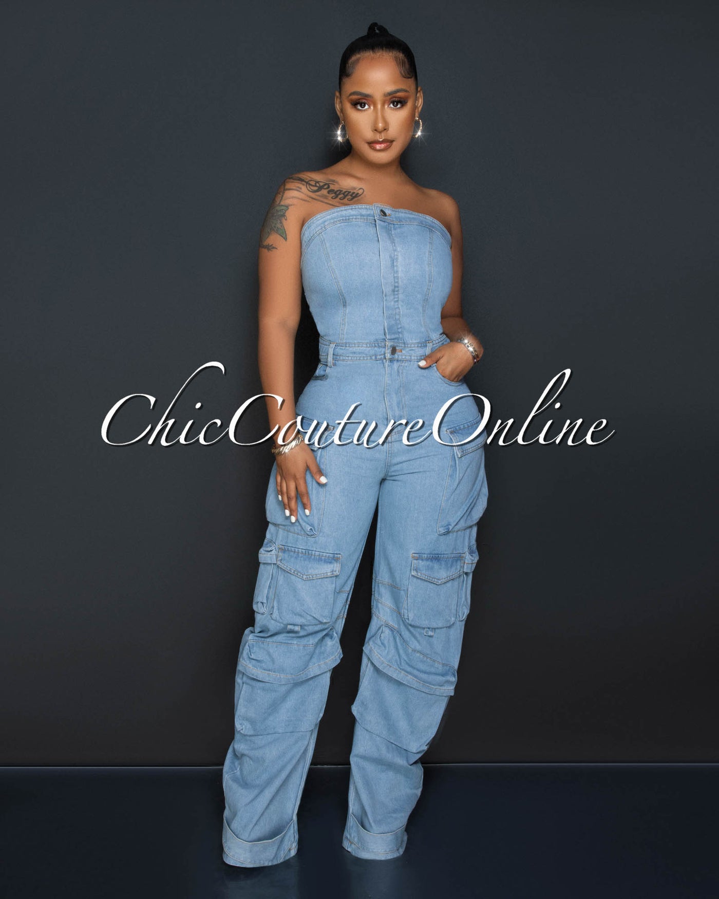 Antoine Light Denim Strapless Cargo Jumpsuit