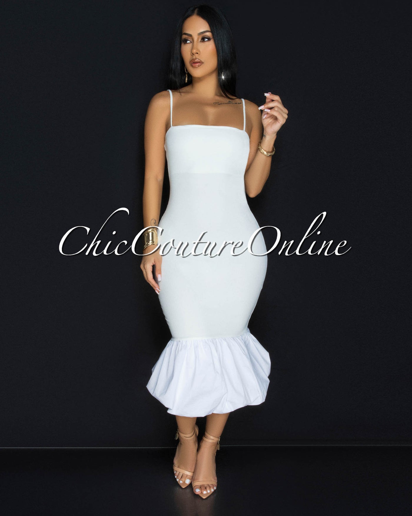 Maloune White Ribbed Bubble Midi Dress