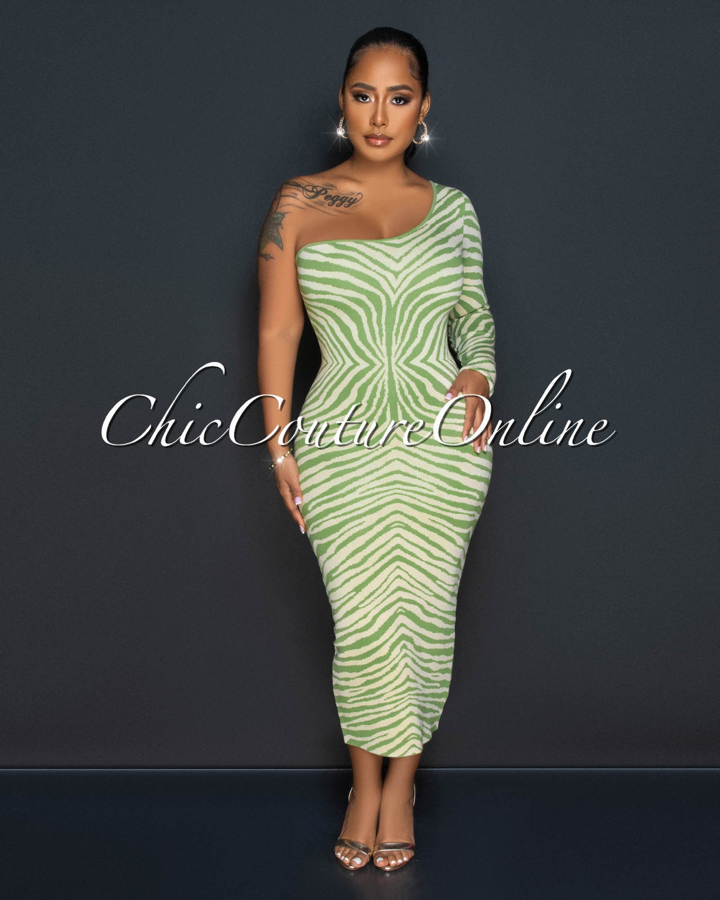 Sophia Nude Green Print Knit Single Long Sleeve Maxi Dress
