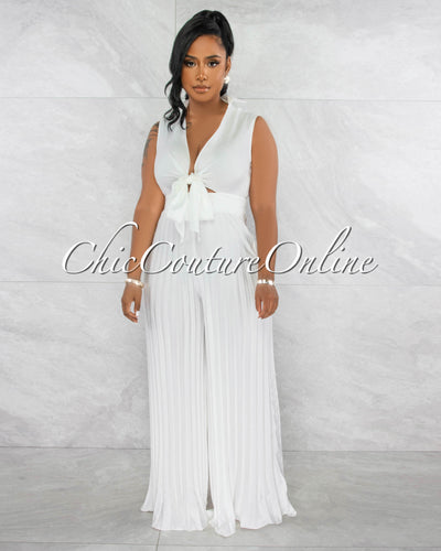 Glenis Off-White Front Tie Pleated Legs Silky Jumpsuit