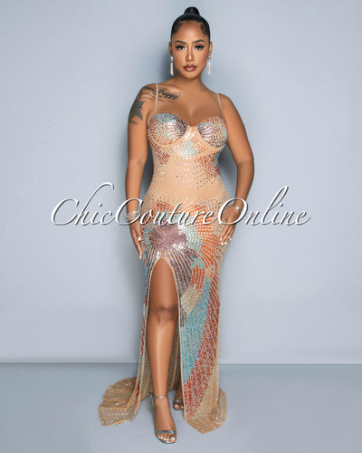 Erin Nude Mesh Multi-Color Rhinestones Bodysuit Maxi Dress