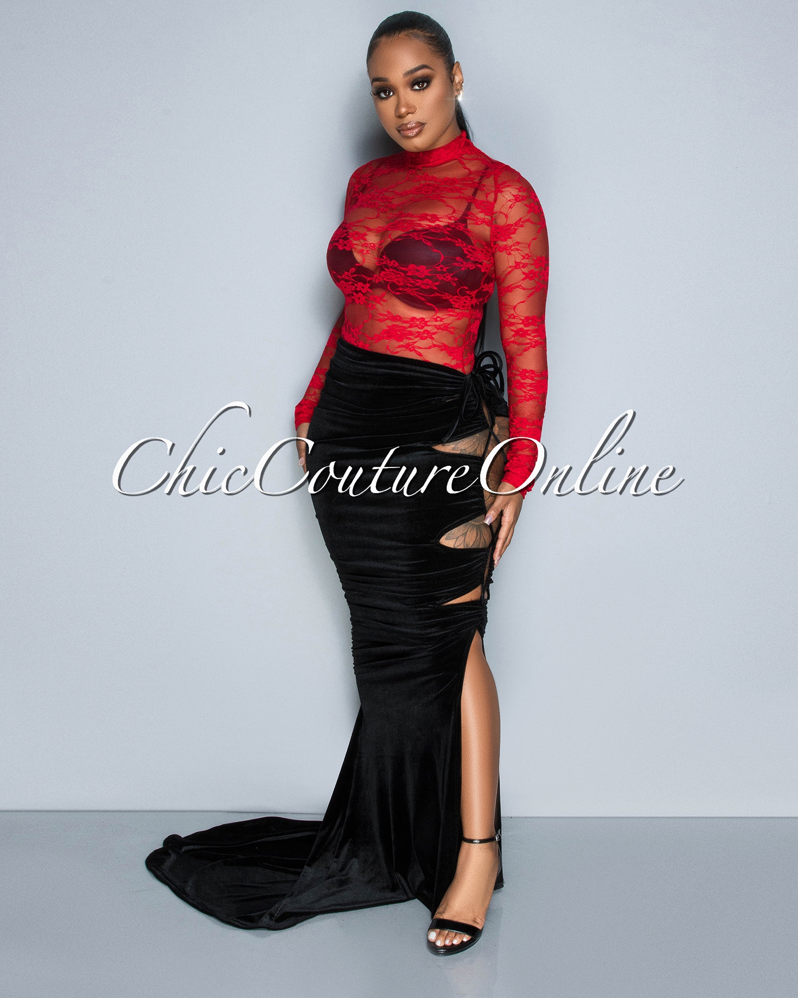 *Addys Red Lace Bodysuit & Lace-Up Maxi Skirt Velvet Set