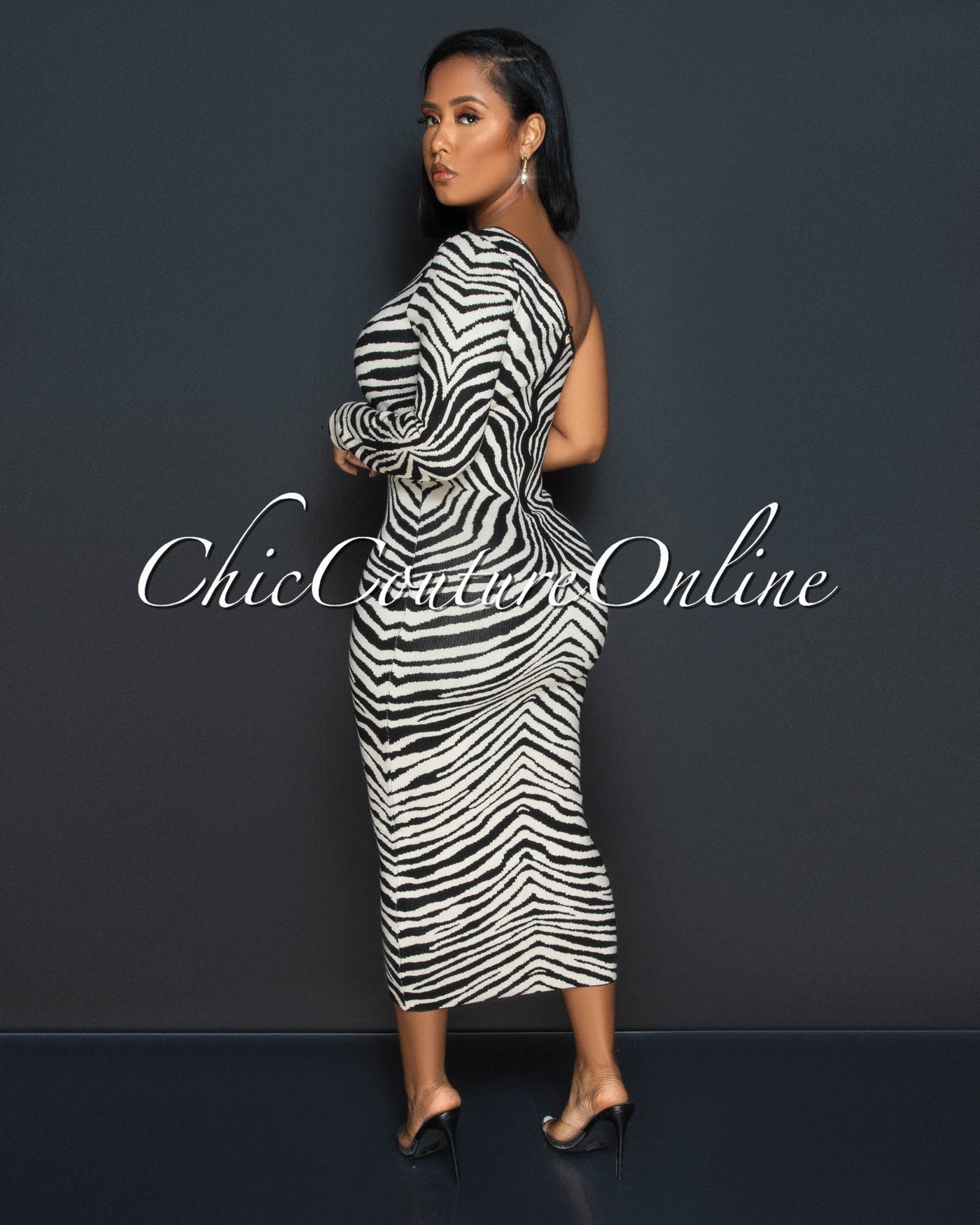 Sophia Black Nude Print Knit Single Long Sleeve Maxi Dress