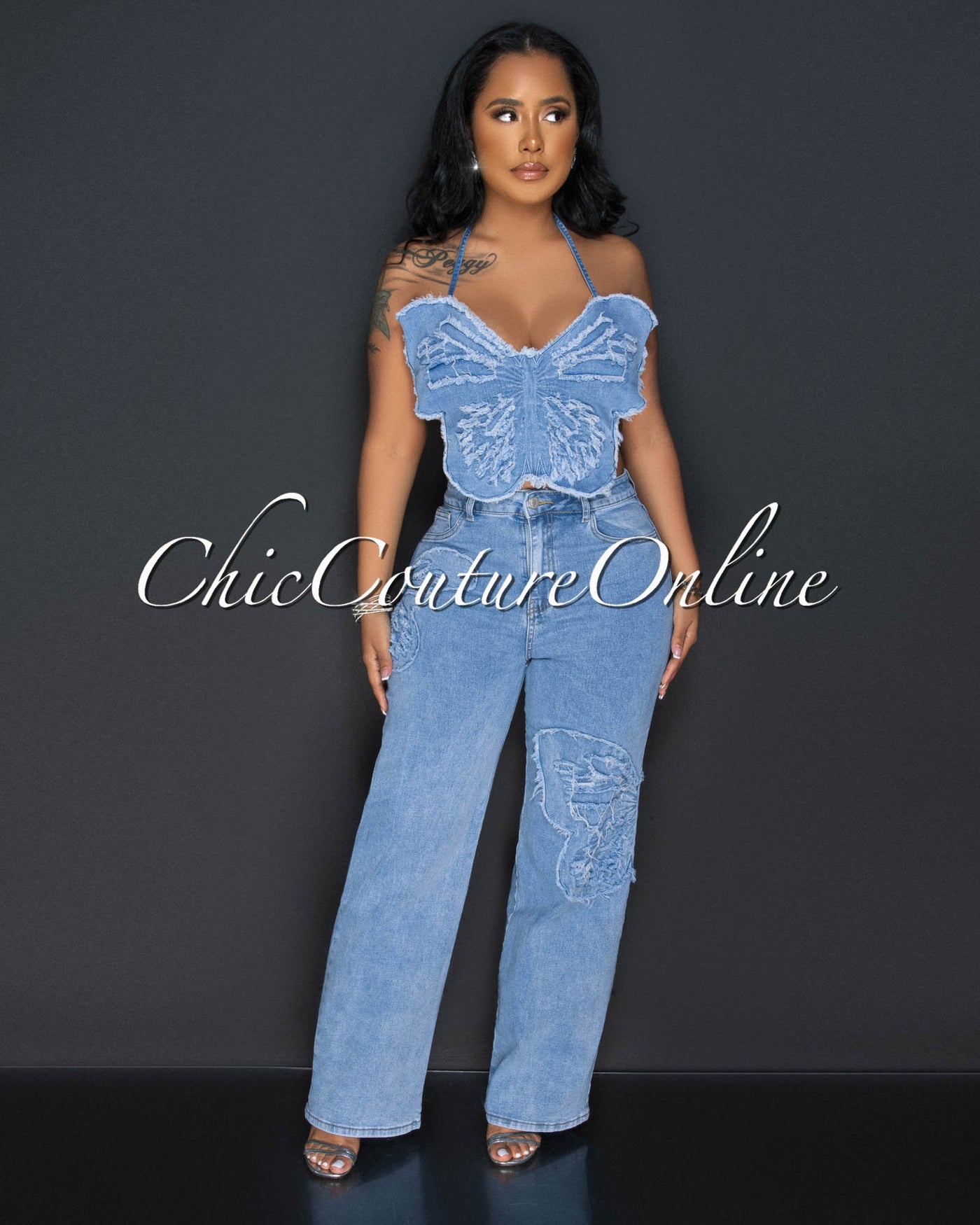 Nisha Butterfly Open Back Top & Wide Jeans Set