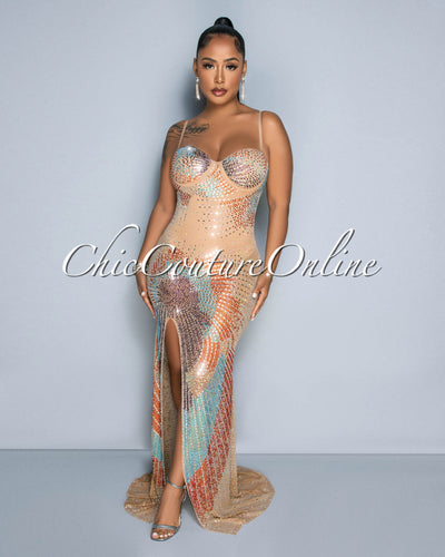 Erin Nude Mesh Multi-Color Rhinestones Bodysuit Maxi Dress