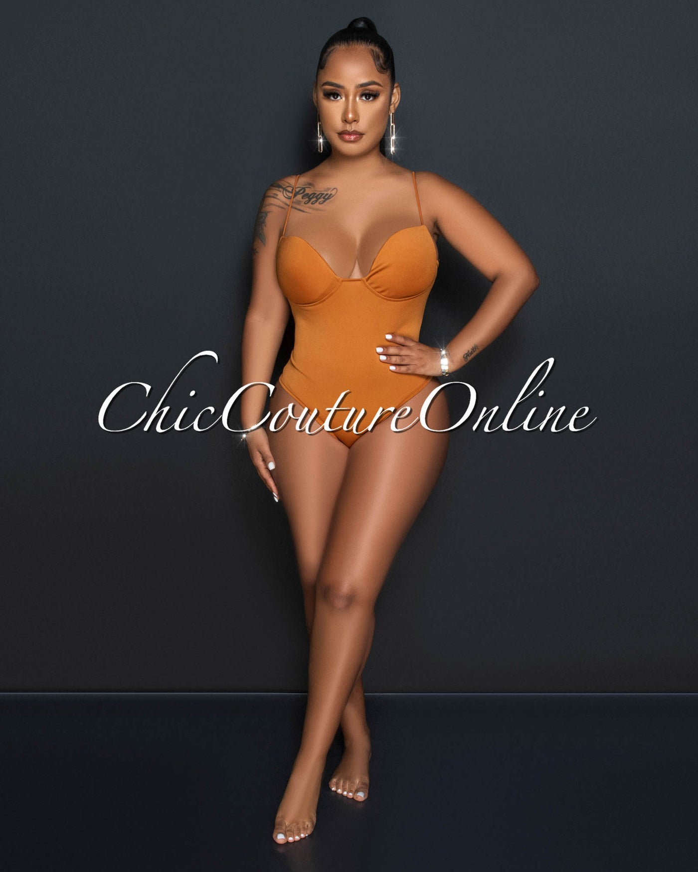 *Cofra Brown Padded Cups Bodysuit & Fringe Pants Set