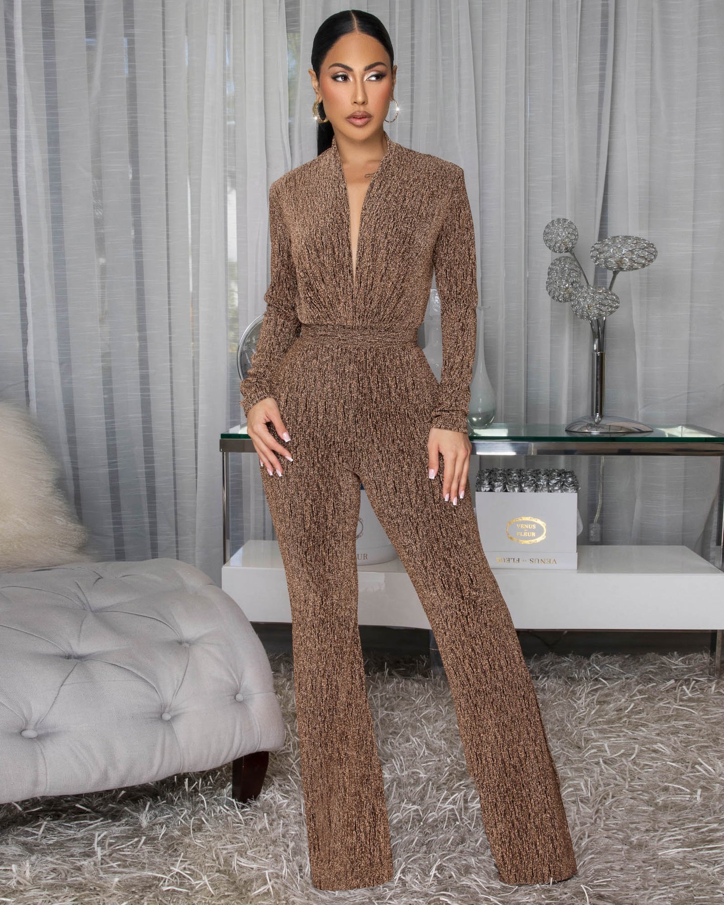 Mecka Gold Shimmer Deep V-Neck Jumpsuit