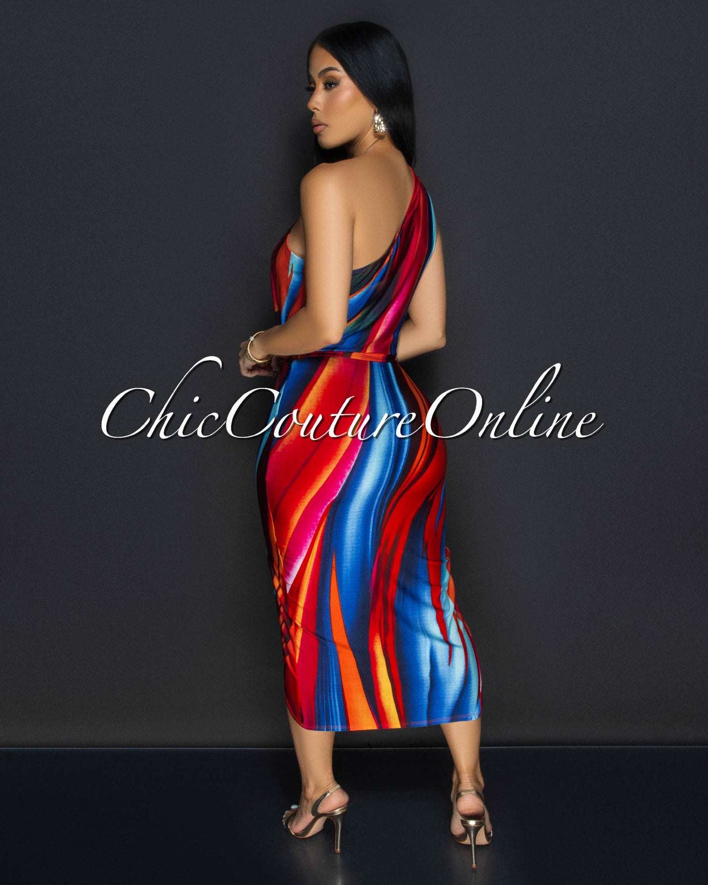 Mellie Red Blue Single Shoulder Front Slit Midi Dress