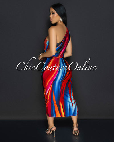 Mellie Red Blue Single Shoulder Front Slit Midi Dress