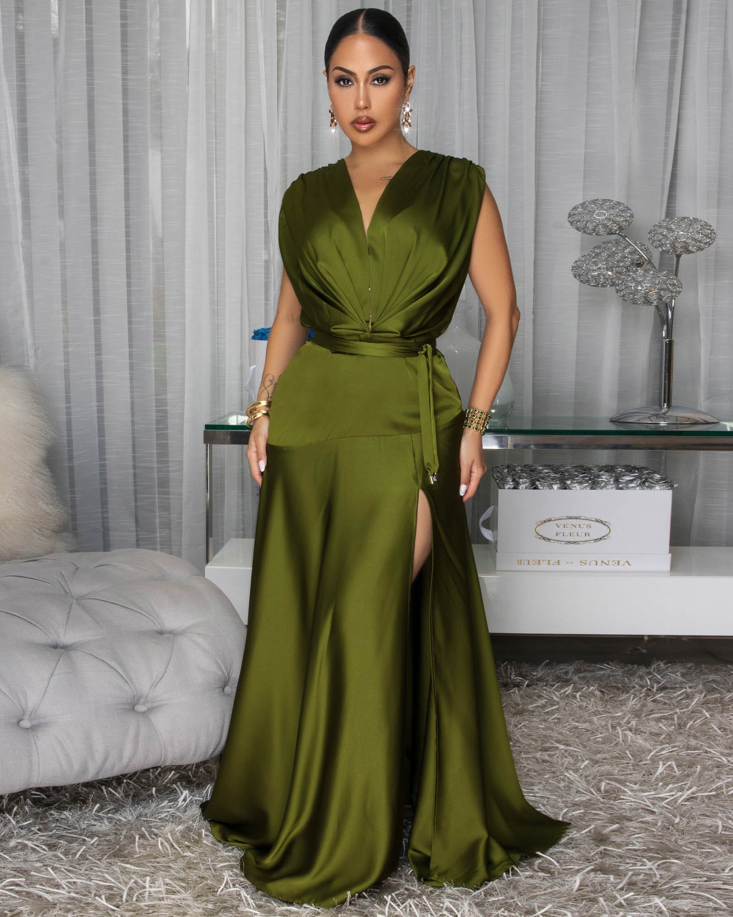 Savannah Deep Green Sleeveless Silky Maxi Dress