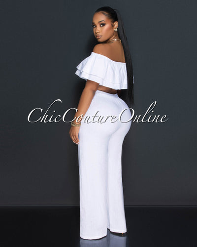 Yuri White Ruffle Crop Top & Wide Pants Set