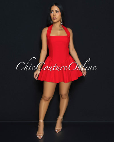 Emporio Red Halter Flared Skater Dress