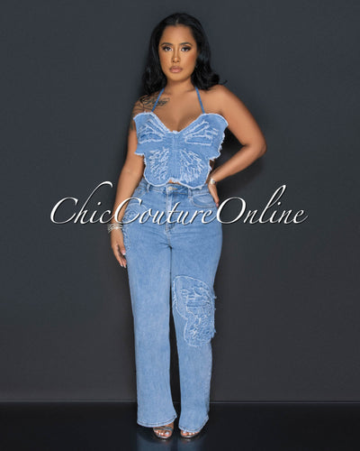 Nisha Butterfly Open Back Top & Wide Jeans Set