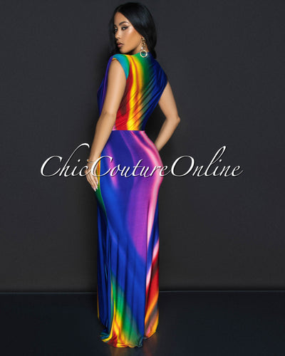 Alea Blue Multi-Color Sleeveless Deep V Neck Maxi Dress