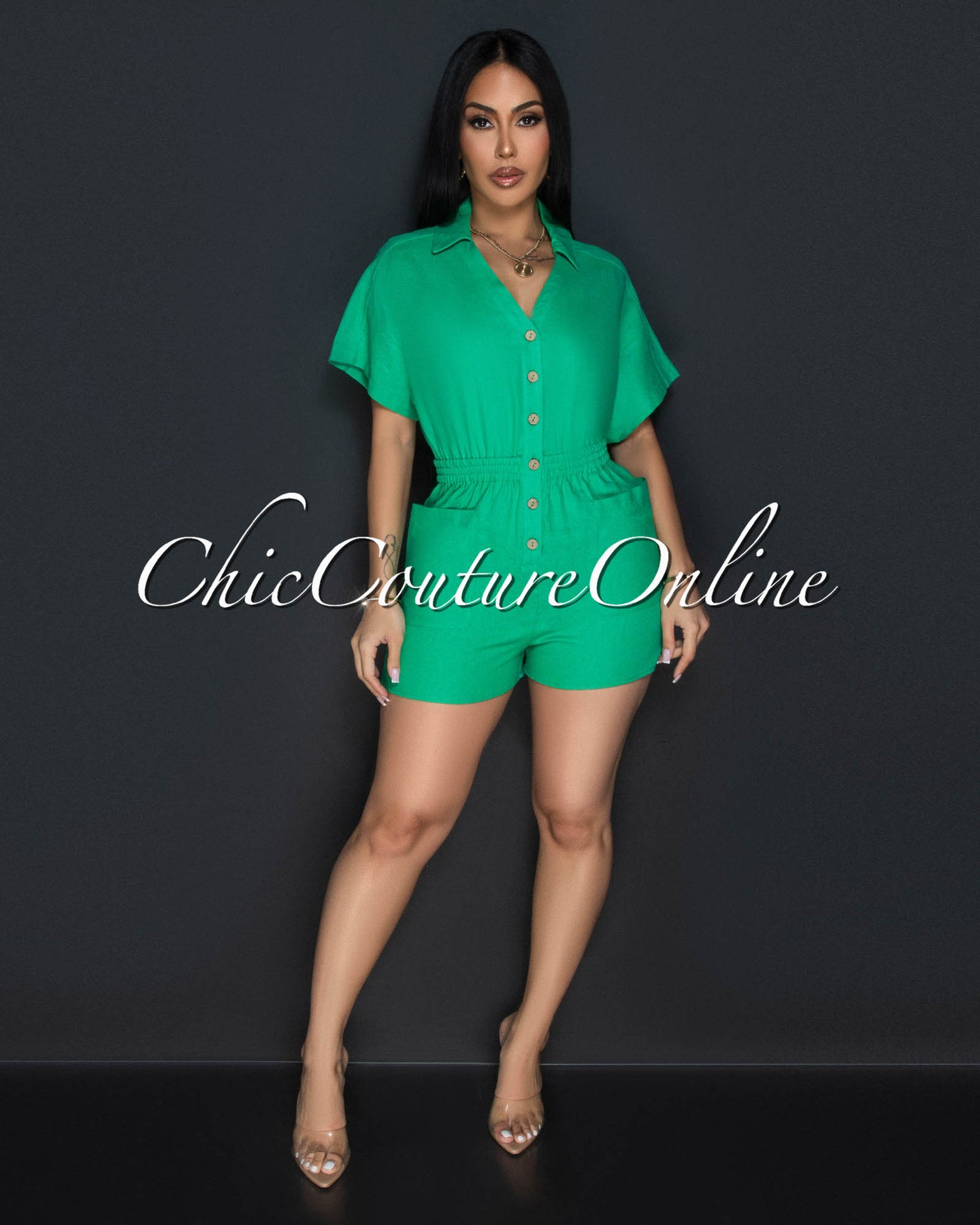 Cora Kelly Green Front Buttons Linen Utility Romper