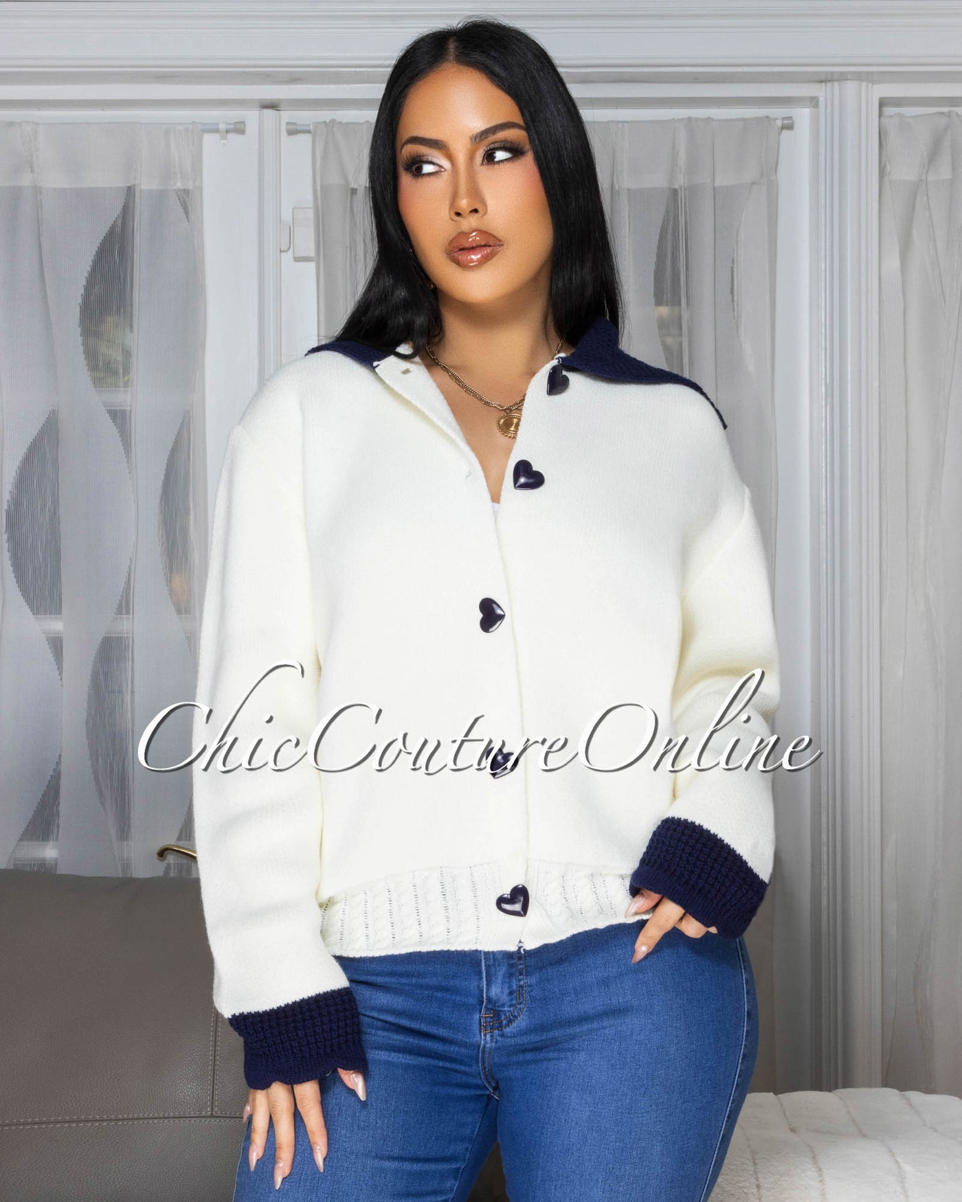 Hallie Cream Blue Trim Sweater Cardigan